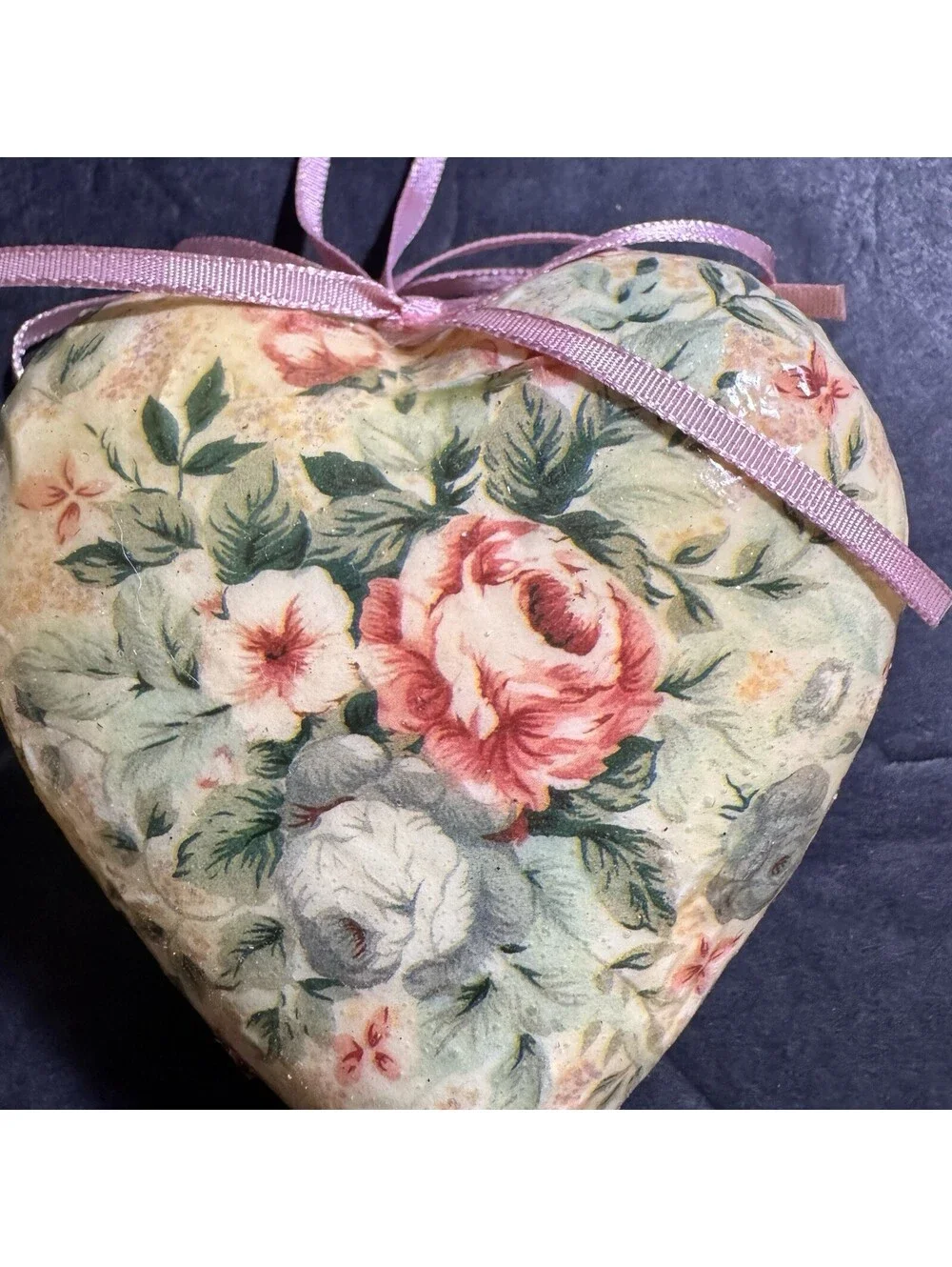 Shabby Chic Floral Heart Ornaments Set of 2 Rose Decoupage Style 4” Pink Ribbon
